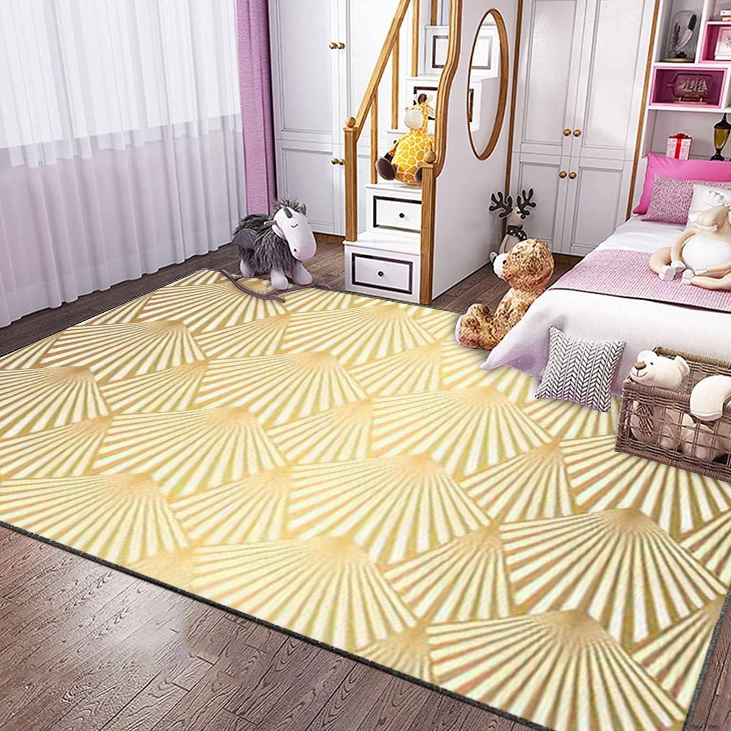 Modern 3D Art Deco Area Rug with Gold Shells and Scales