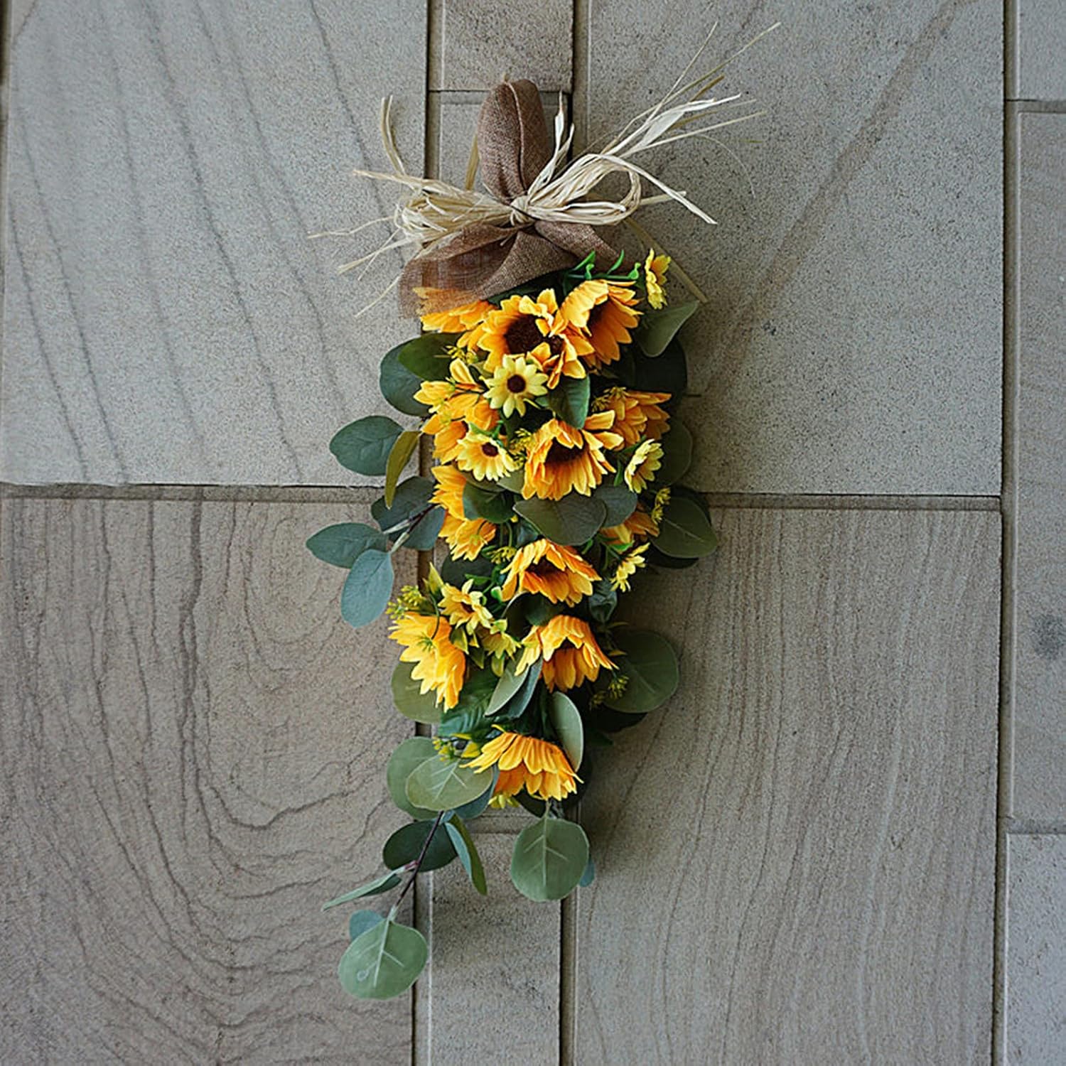 24in Artificial Sunflowers Teardrop Wreath with Burlap Bow