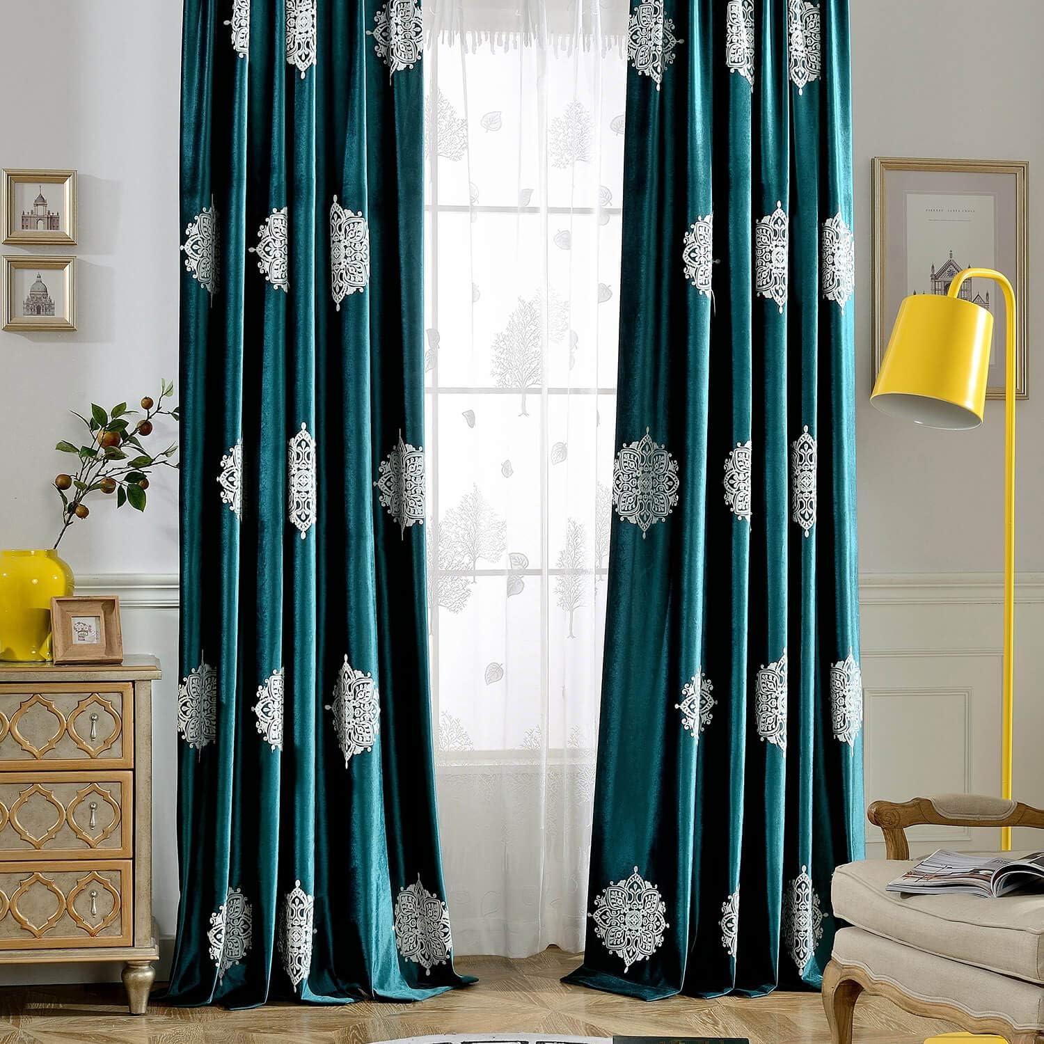 VOGOL 2 Piece Flower Embroidered Curtains Set