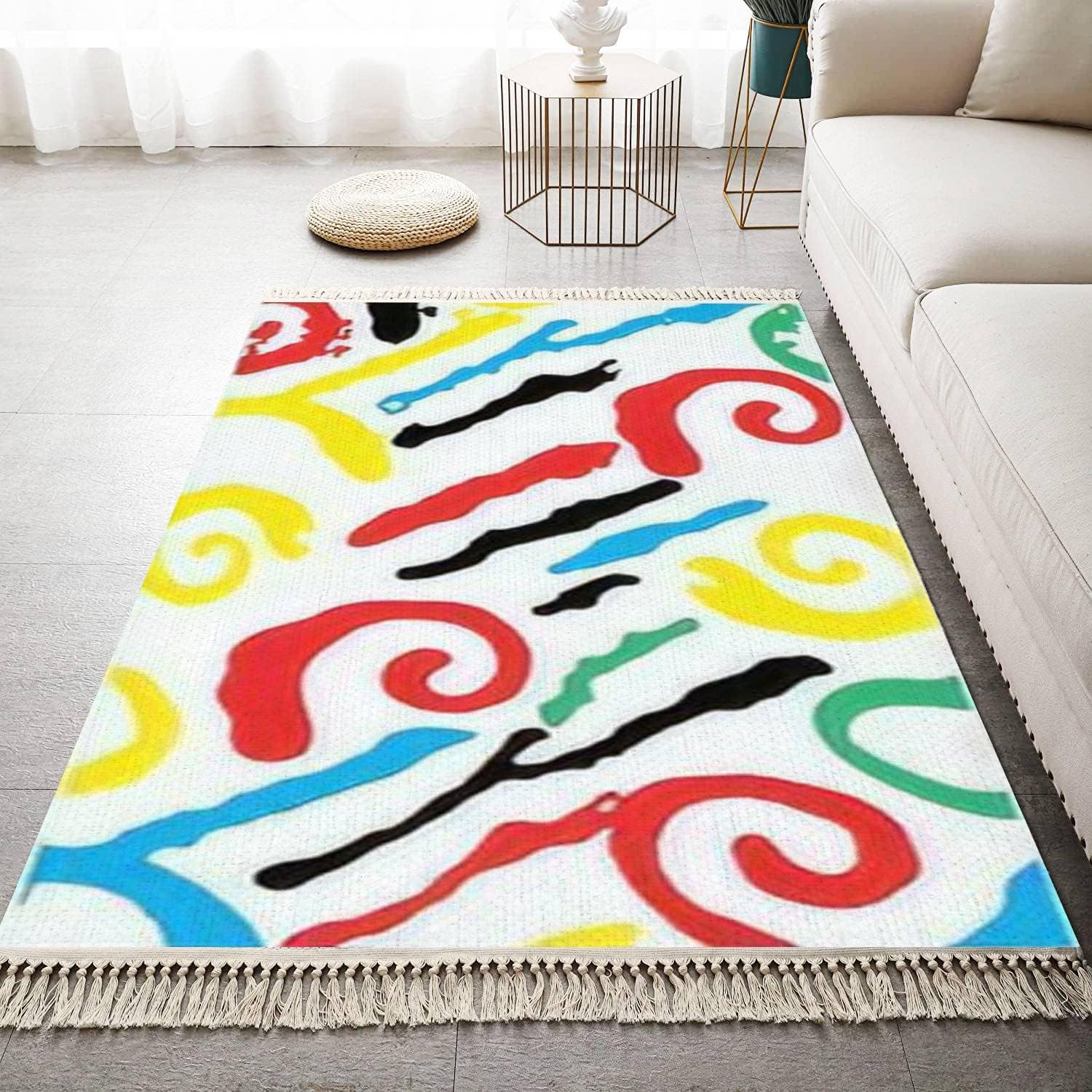 Boho Kid Bedroom Area Rug with Tassels and Blue Design