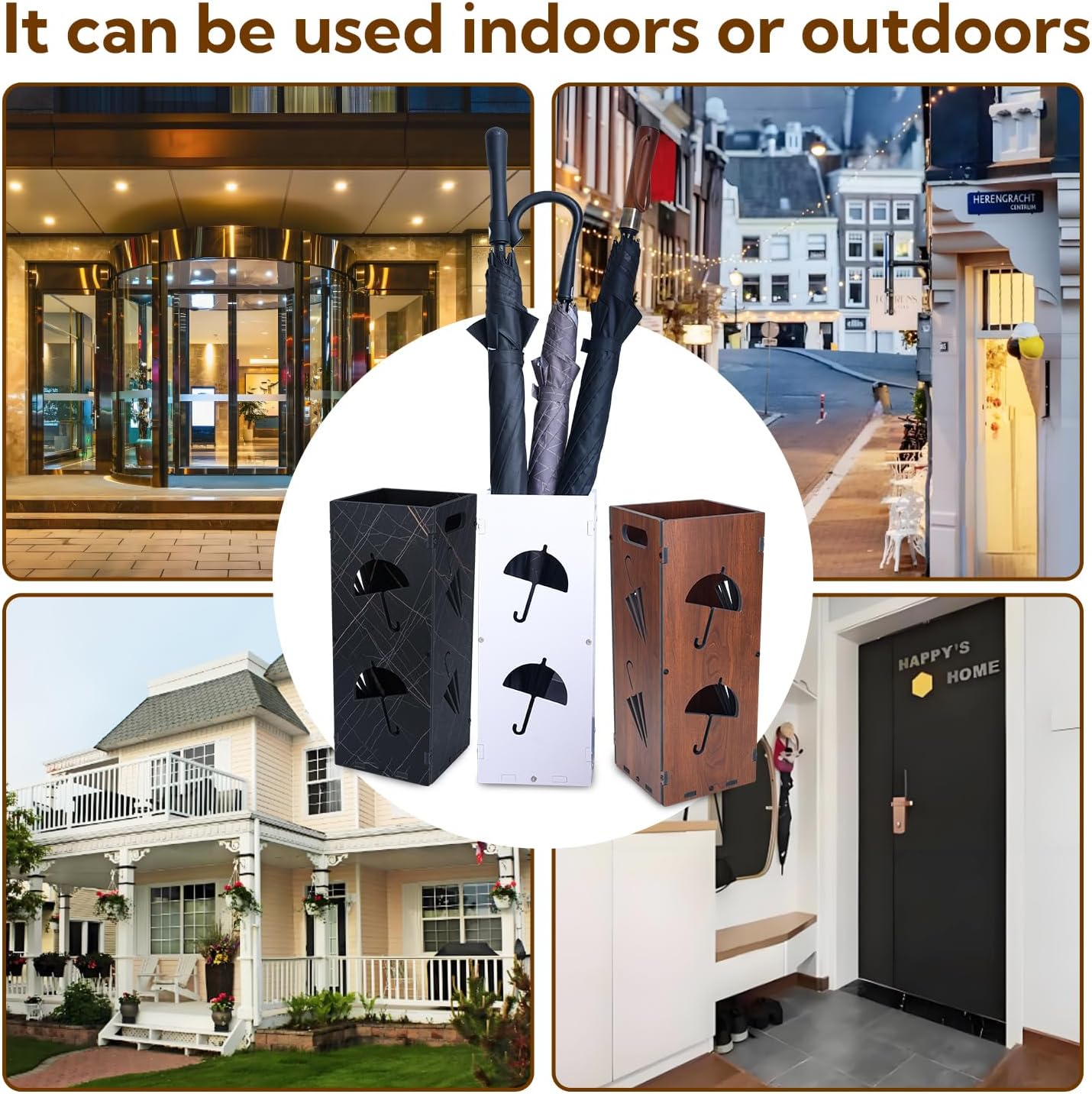 Square Freestanding Black Umbrella Stand with Drip Tray
