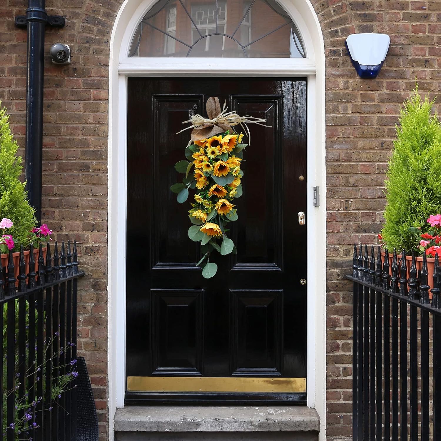 24in Artificial Sunflowers Teardrop Wreath with Burlap Bow