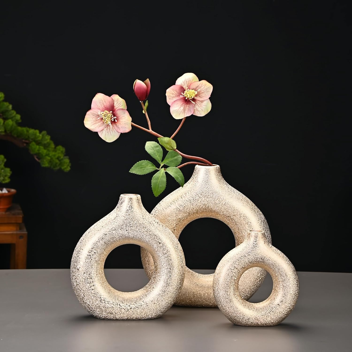 Set of 2 Gold Donut Hollow Ceramic Vases Handmade Modern Minimalist