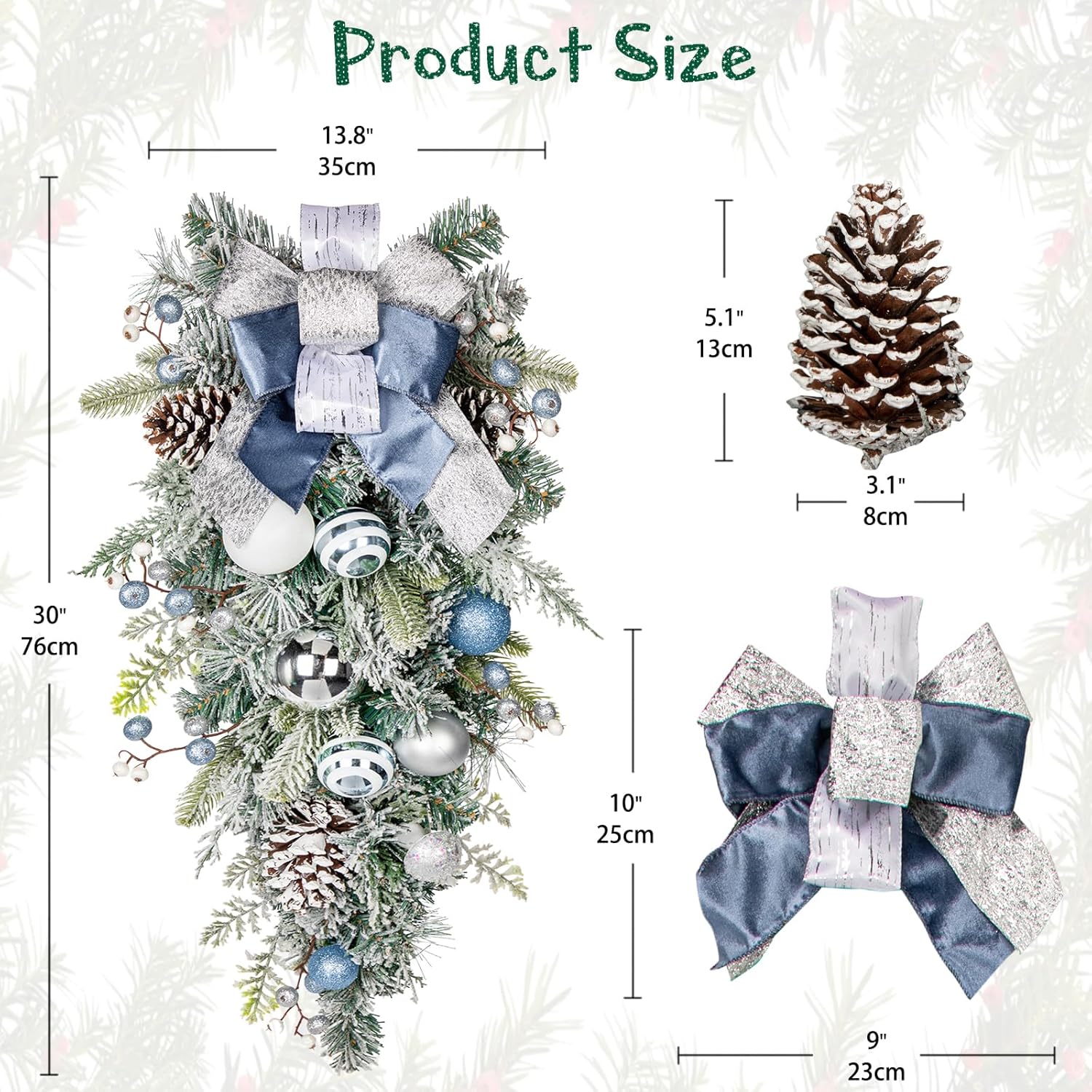 30 Inch Christmas Teardrop Swag with Pine Cones and Ribbons