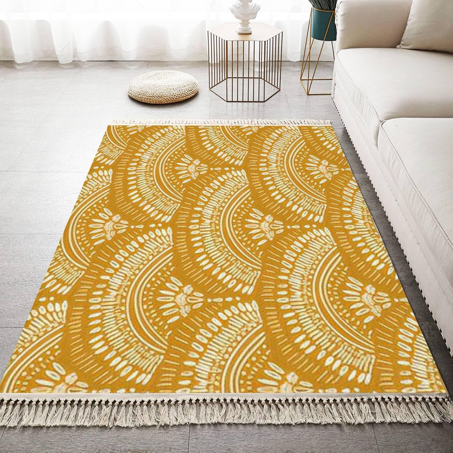 Boho Kid Bedroom Playroom Area Rug Mustard Yellow Tassels Carpet Mat Pad