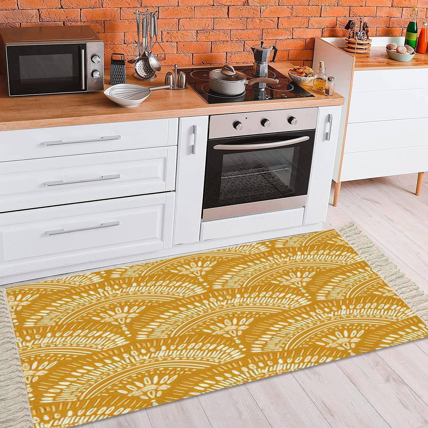 Boho Kid Bedroom Playroom Area Rug Mustard Yellow Tassels Carpet Mat Pad