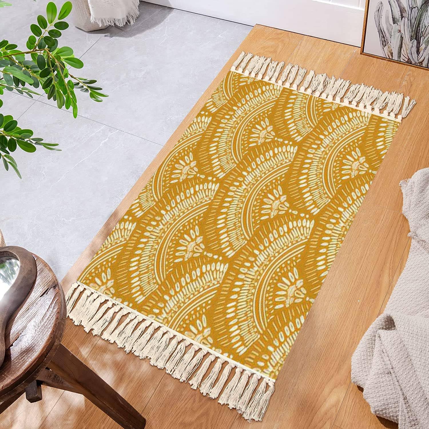 Boho Kid Bedroom Playroom Area Rug Mustard Yellow Tassels Carpet Mat Pad