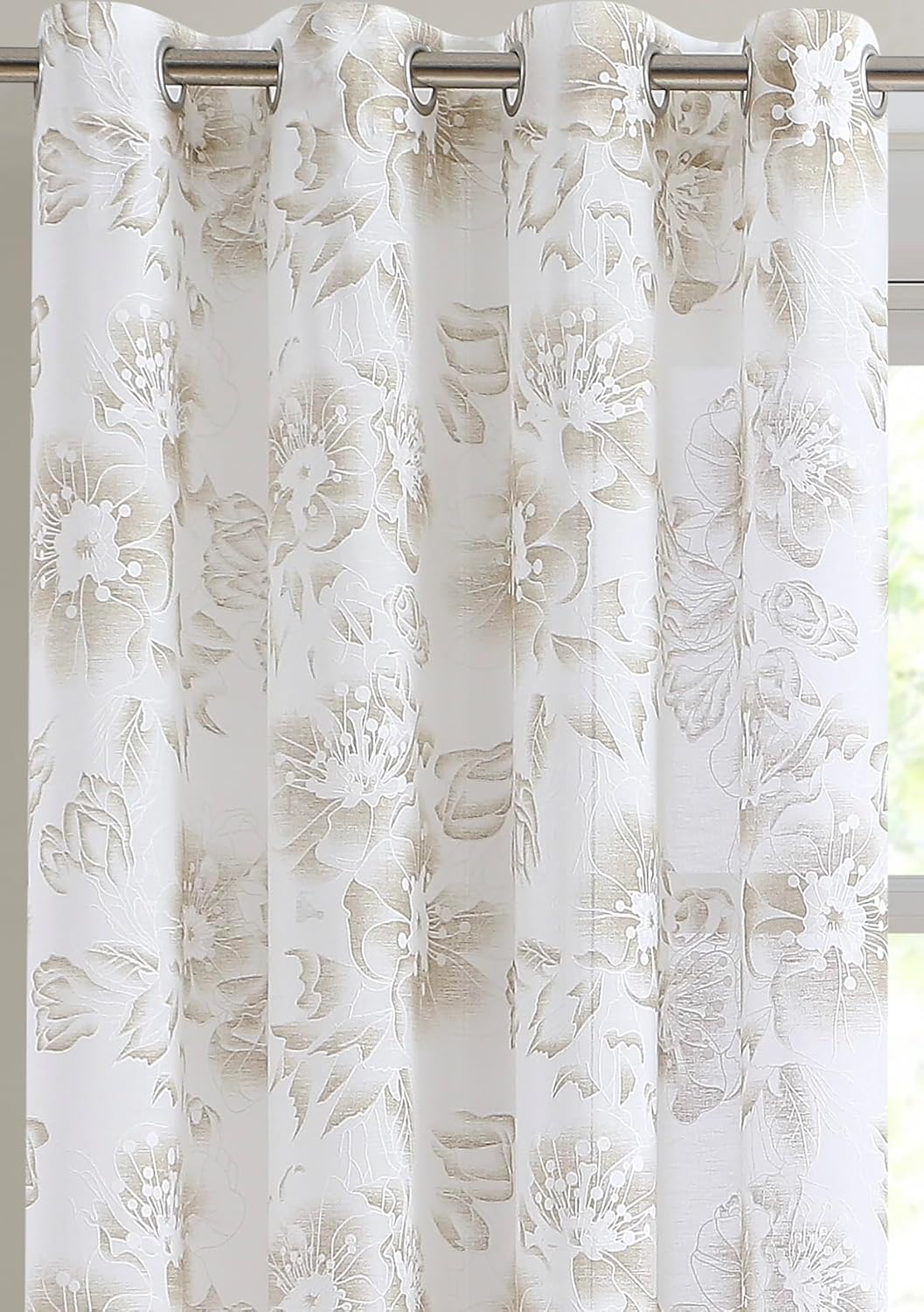LinenZone White Curtains with Gold Flower Print and Embroidery