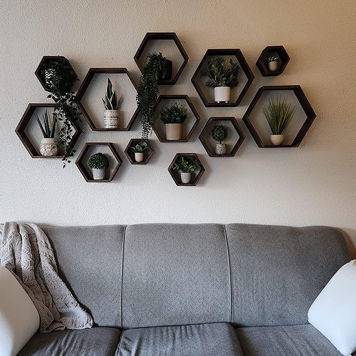 WONFUlity Hexagon Floating Shelf Wall Mount Wood Decor