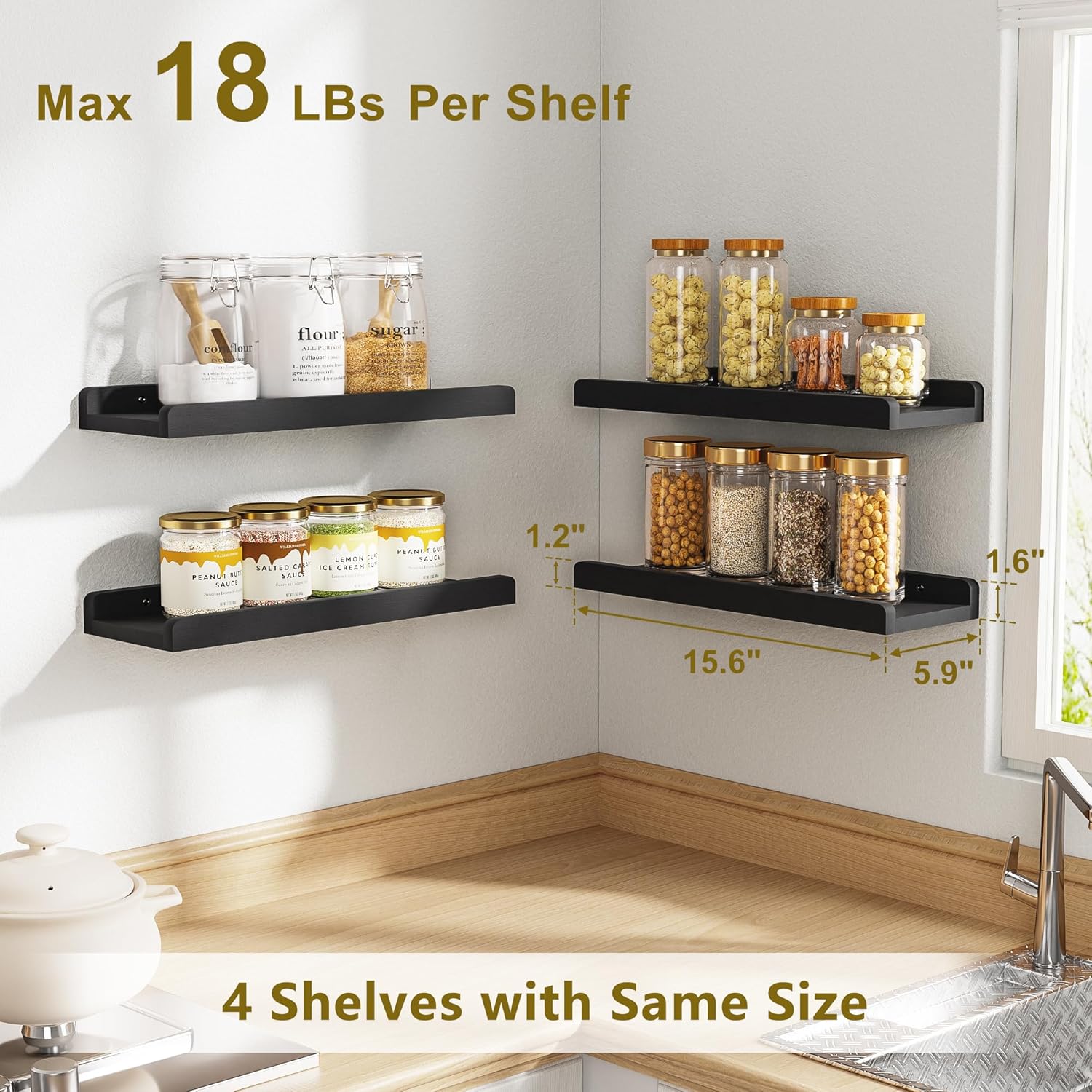 Love-KANKEI 4 Pack Black Floating Wall Shelves