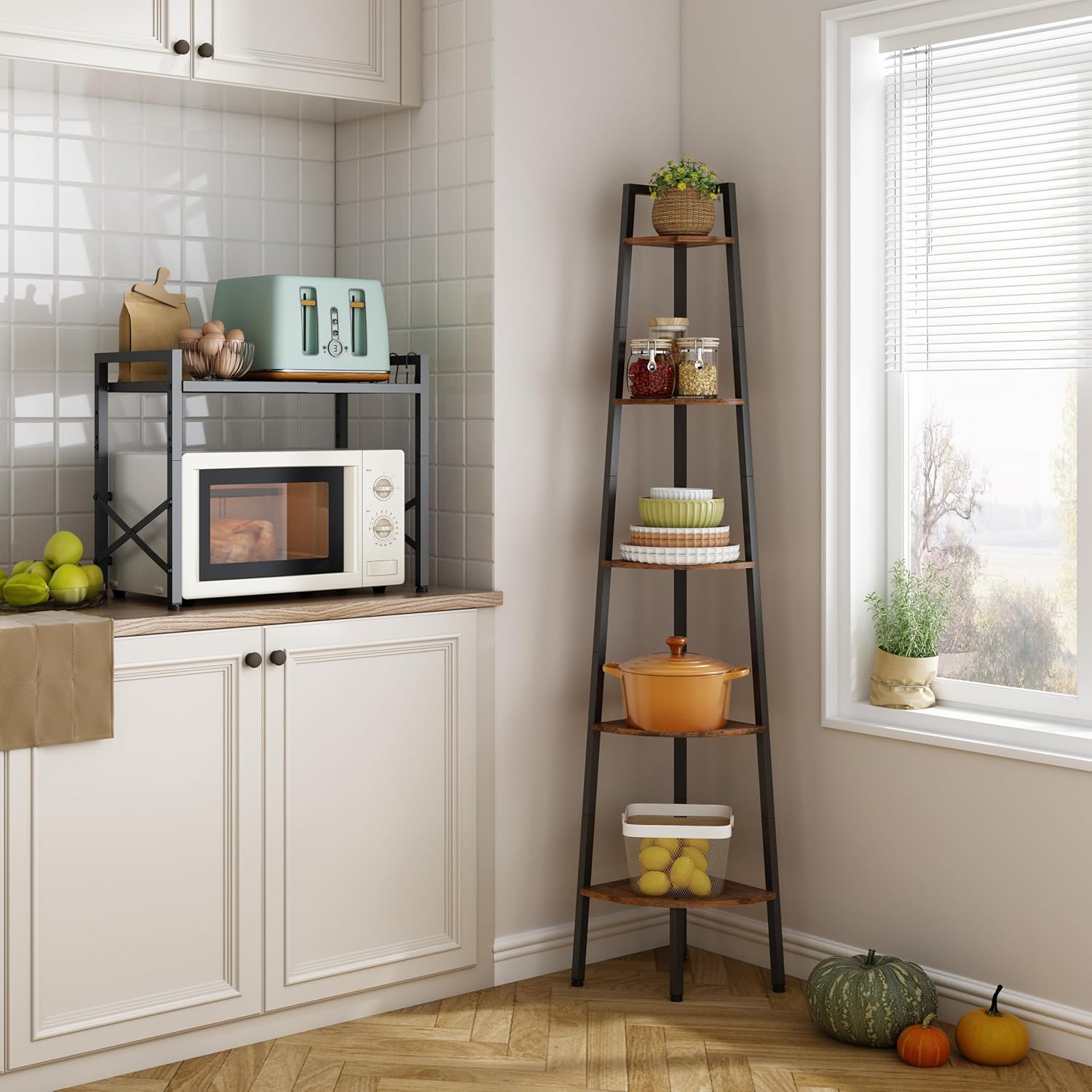 Hoctieon 5-Tier Corner Bookshelf with Rustic Brown Finish