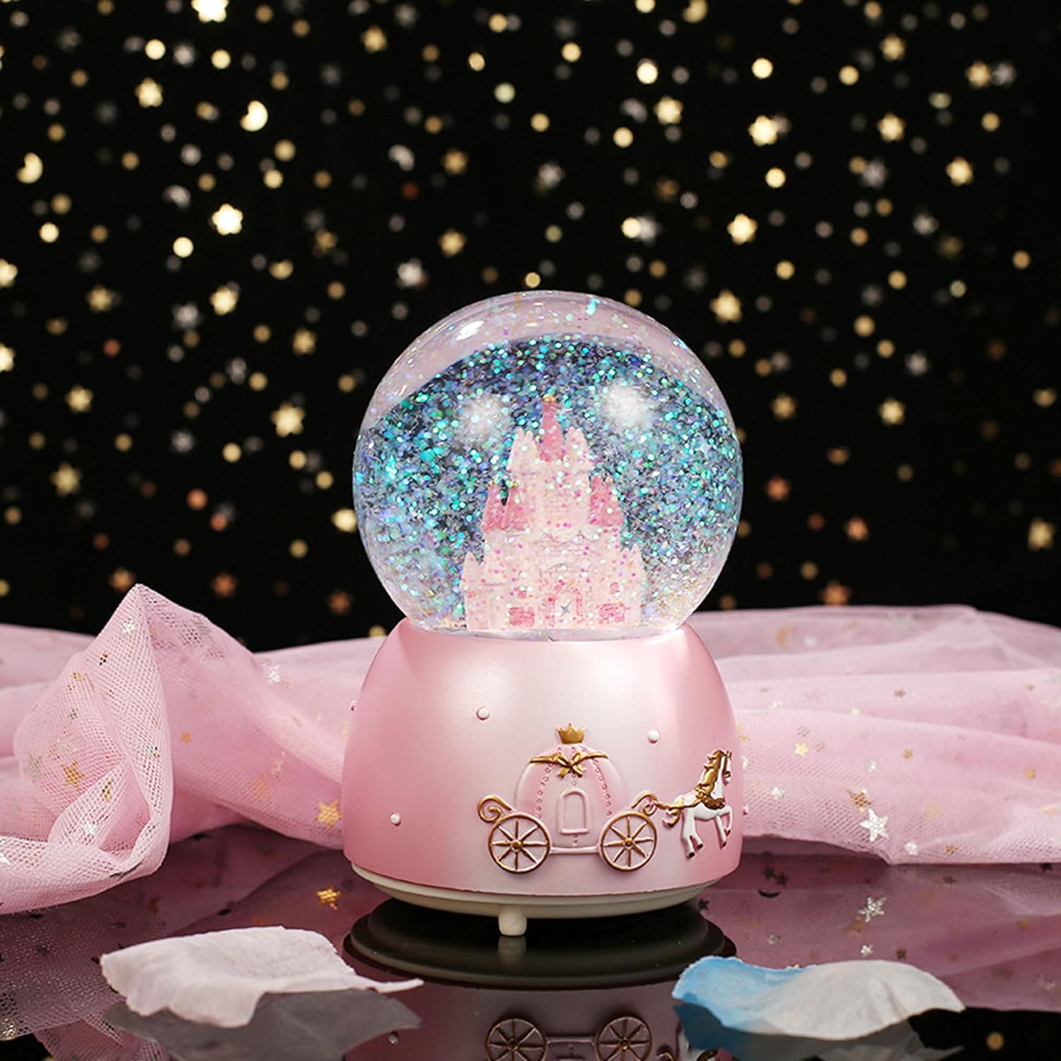 Cevly Castle Snow Globe Music Box with LED Lights Pink