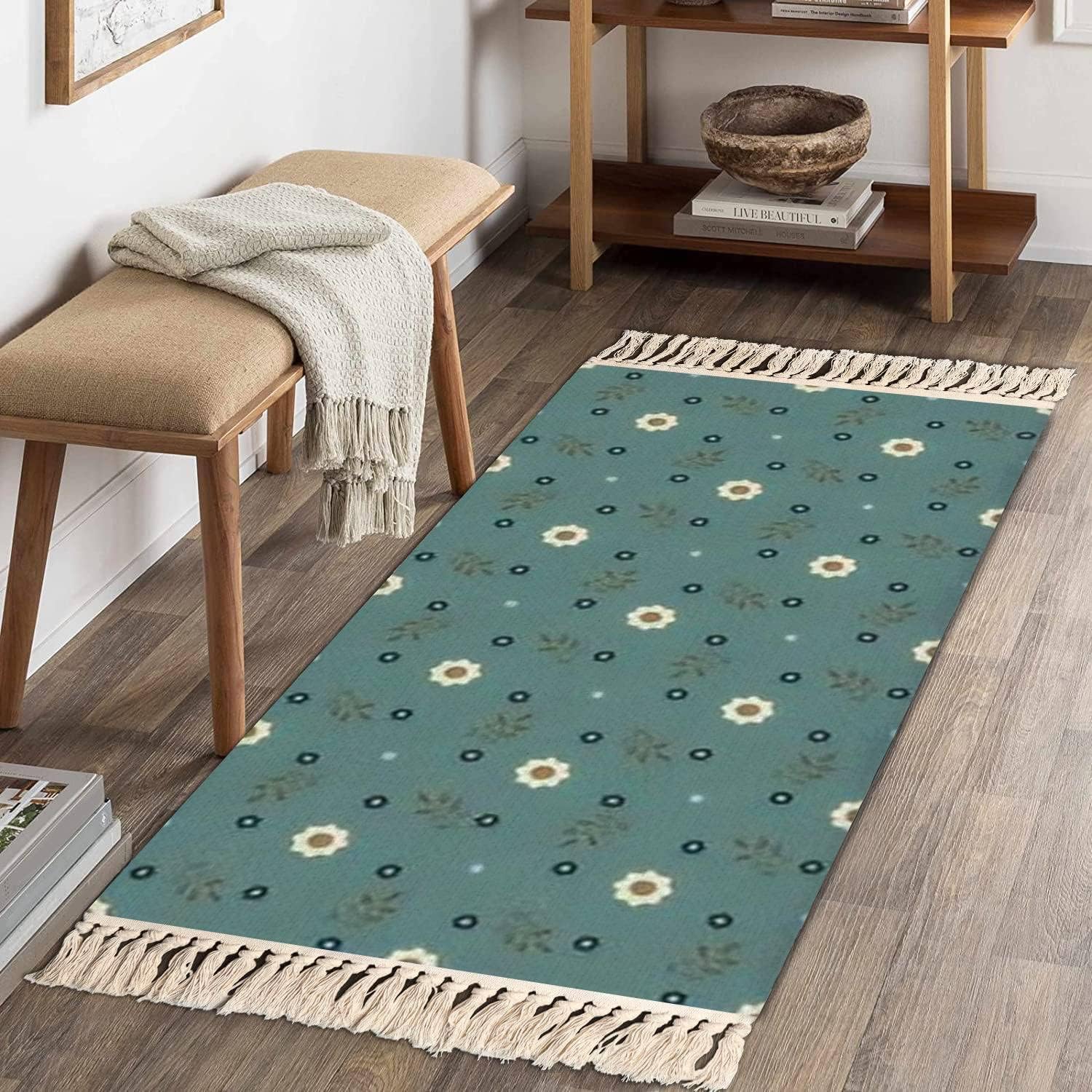 Boho Kids Bedroom Playroom Rug with Tassels and Flowers