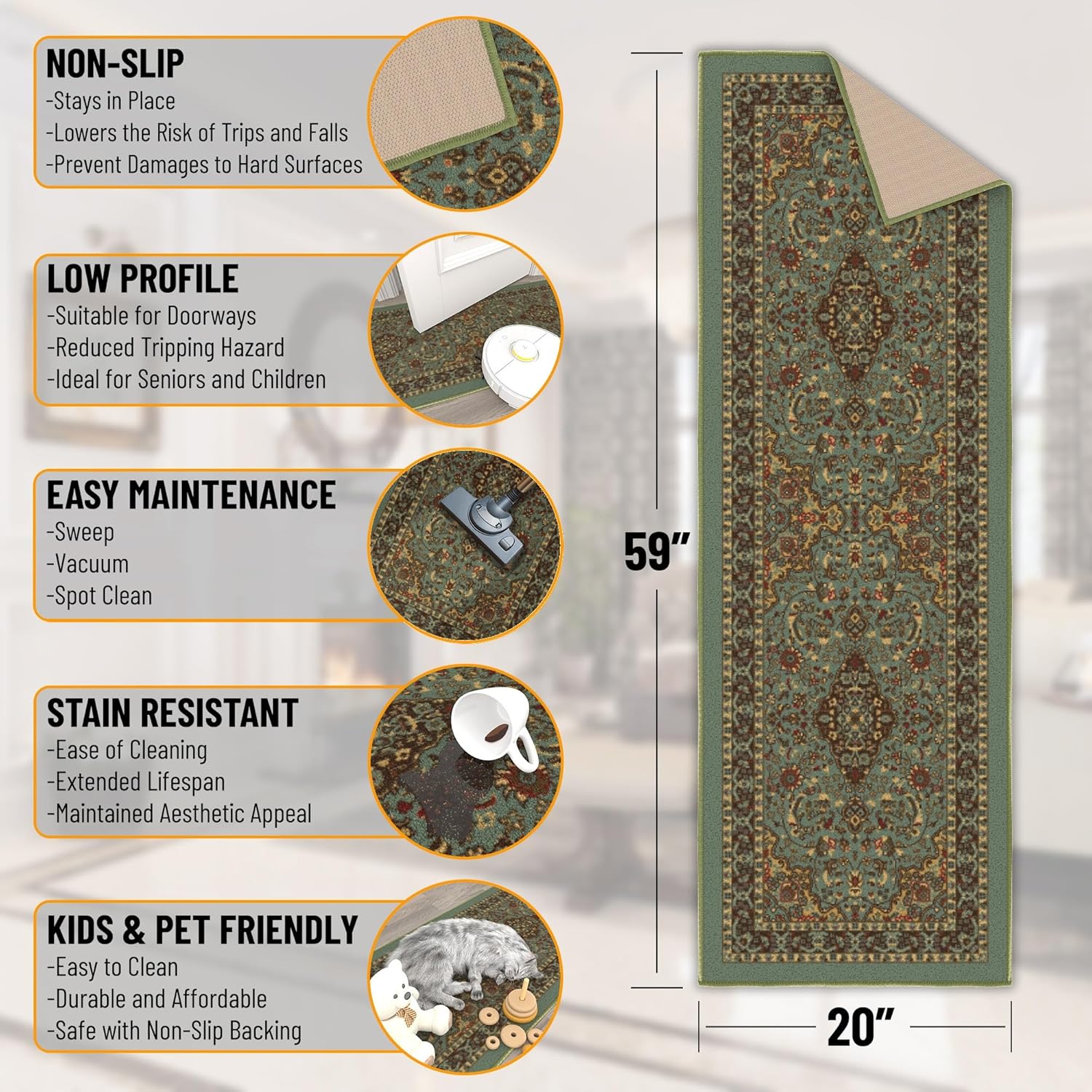 Ottomanson Hallway Runner Rug 20x59 Non Slip Seafoam Green
