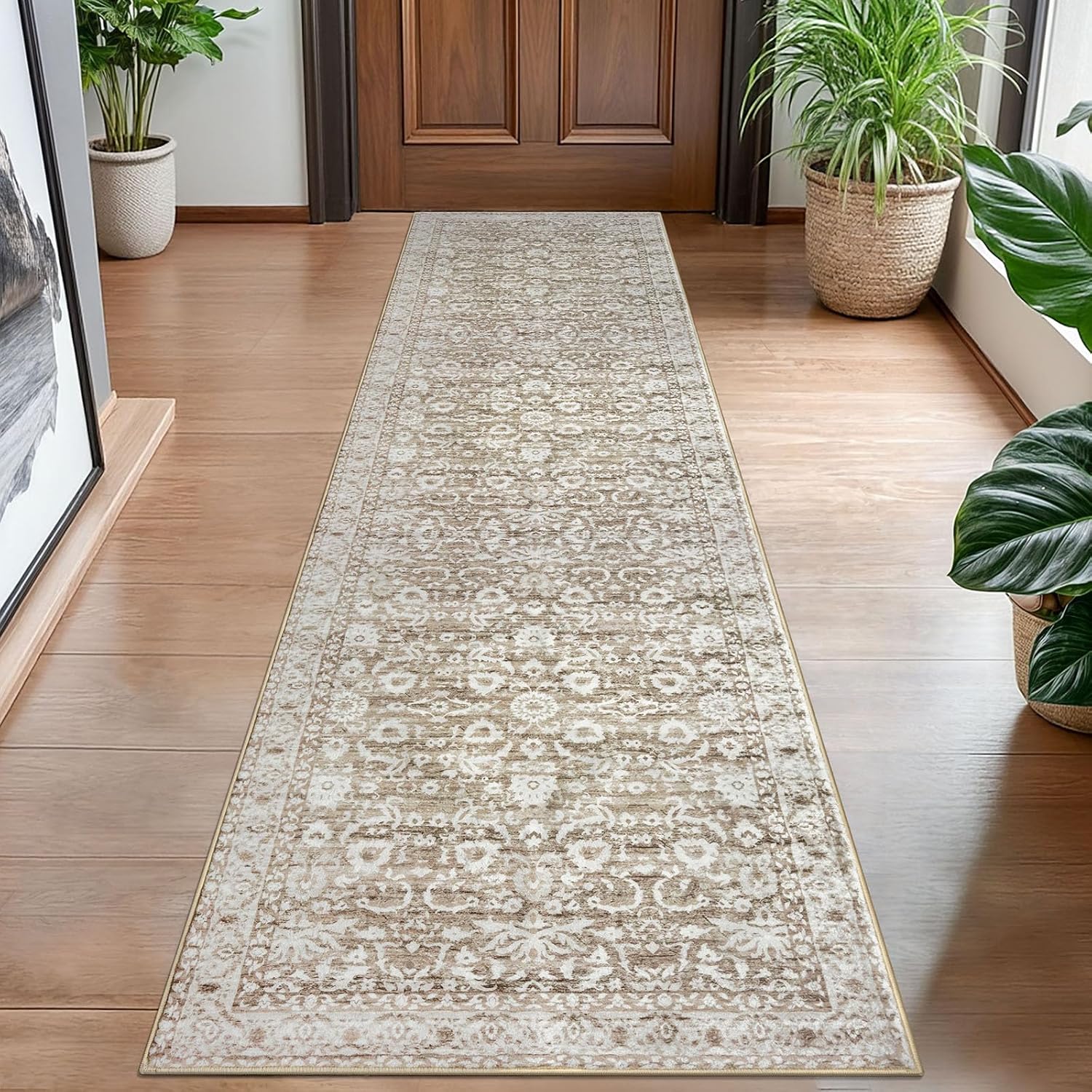 Lansny Hallway Runner Rug 2x8 Feet Beige White Floral