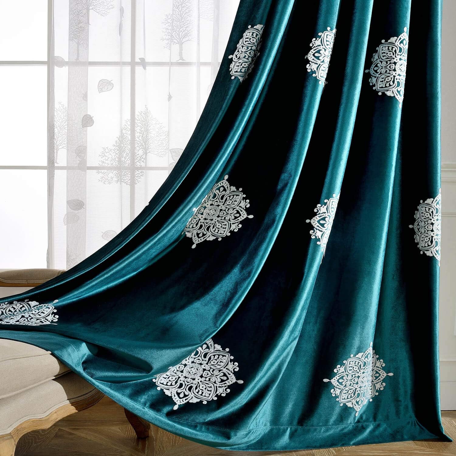 VOGOL 2 Piece Flower Embroidered Curtains Set