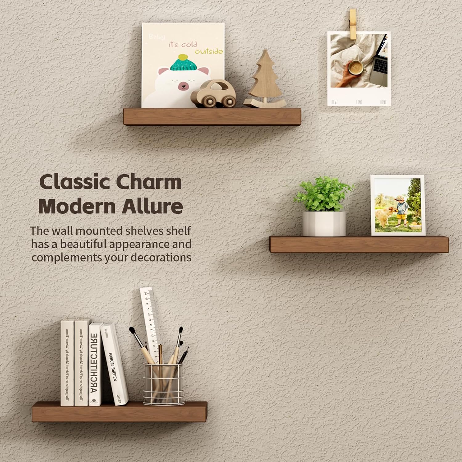 Wide Solid Wooden Floating Shelves 2 Pack Walnut 16 Inch