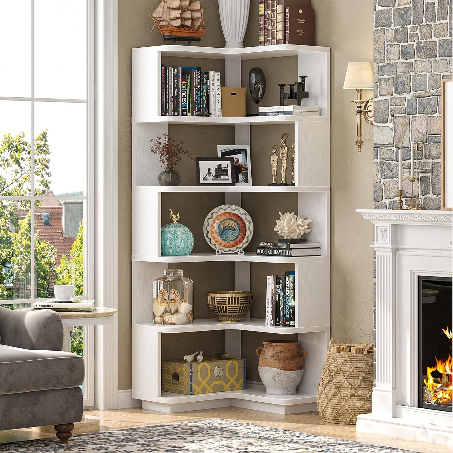 Armocity Corner Bookshelf - 6 Tier L Shaped Display Stand White