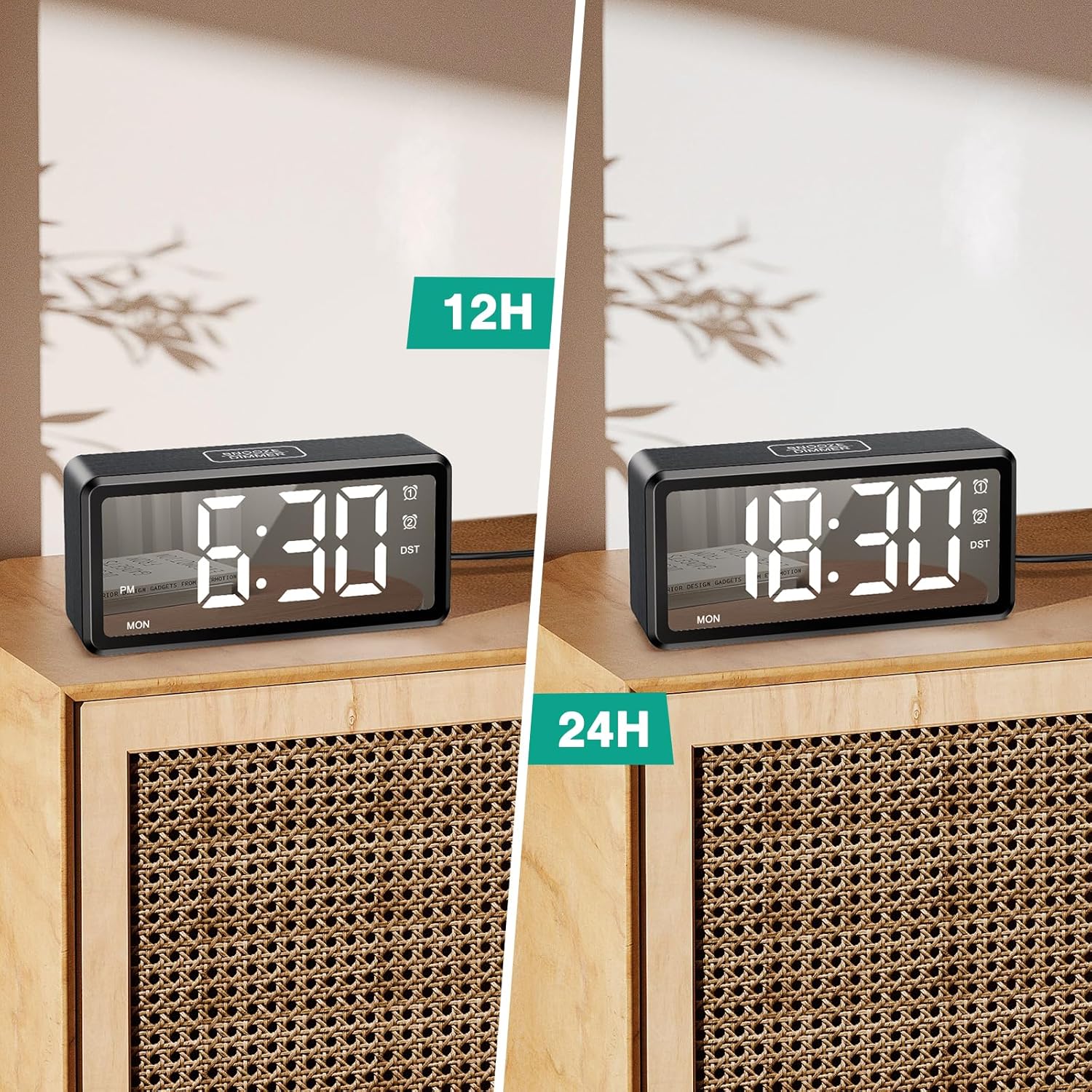 ORIA Wooden Digital Alarm Clock with LED Mirror and Dual Alarms