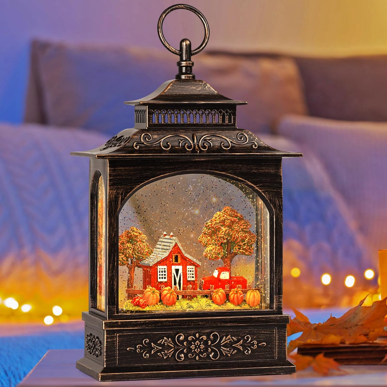 Fall Snow Globe Lantern with Timer and 2 Power Options