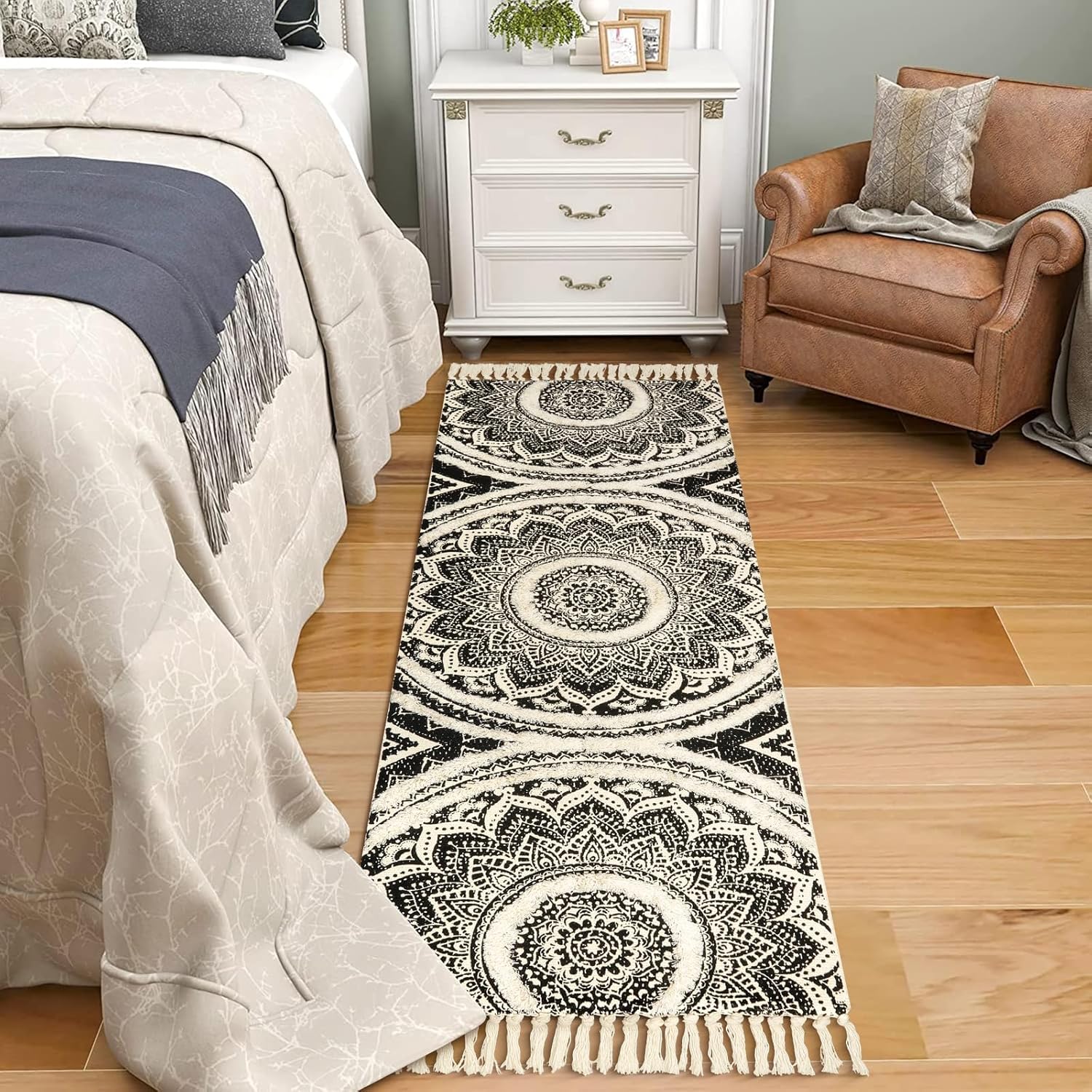 Seavish Boho Runner Rug 2x6 Mandala Pattern Tassels