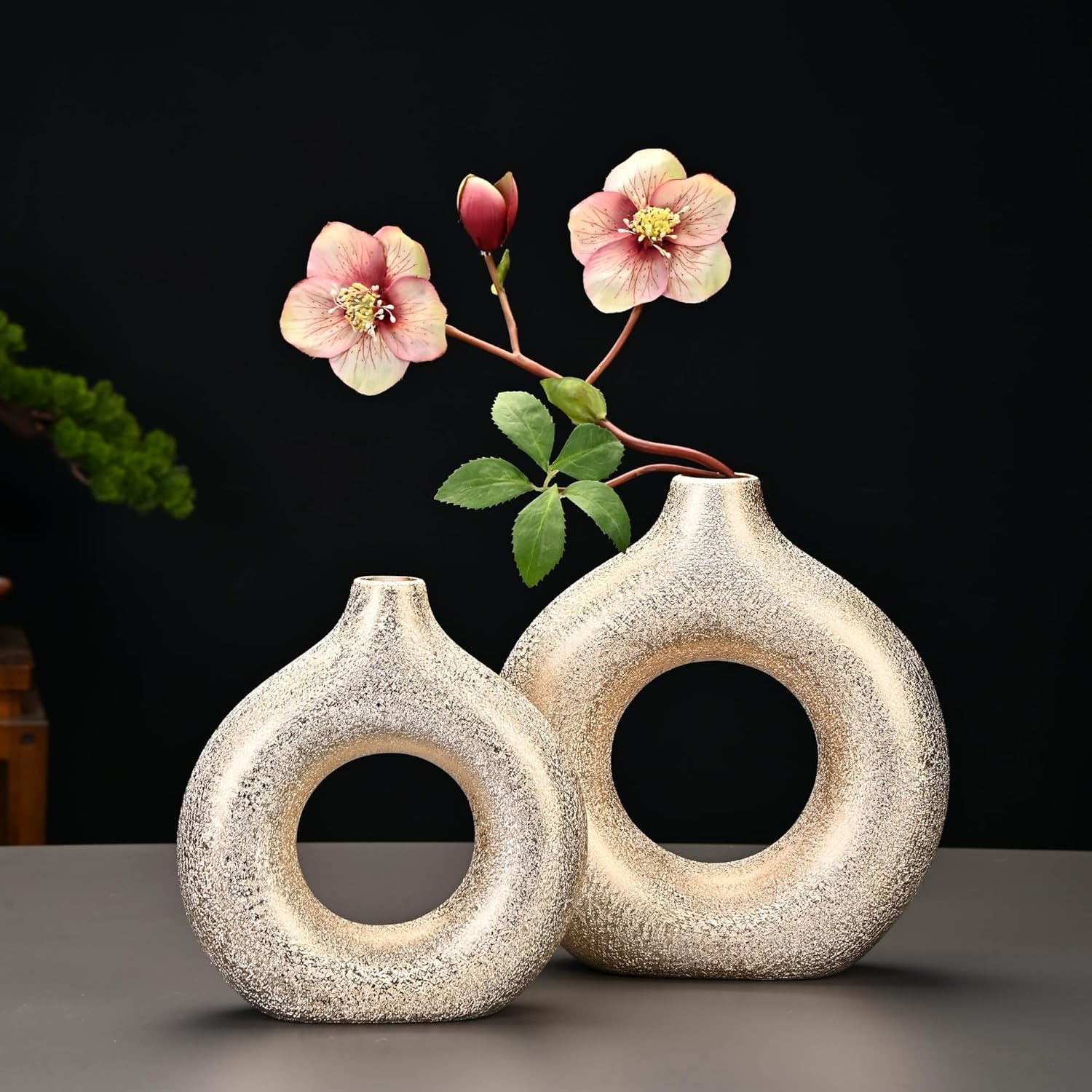 Set of 2 Gold Donut Hollow Ceramic Vases Handmade Modern Minimalist