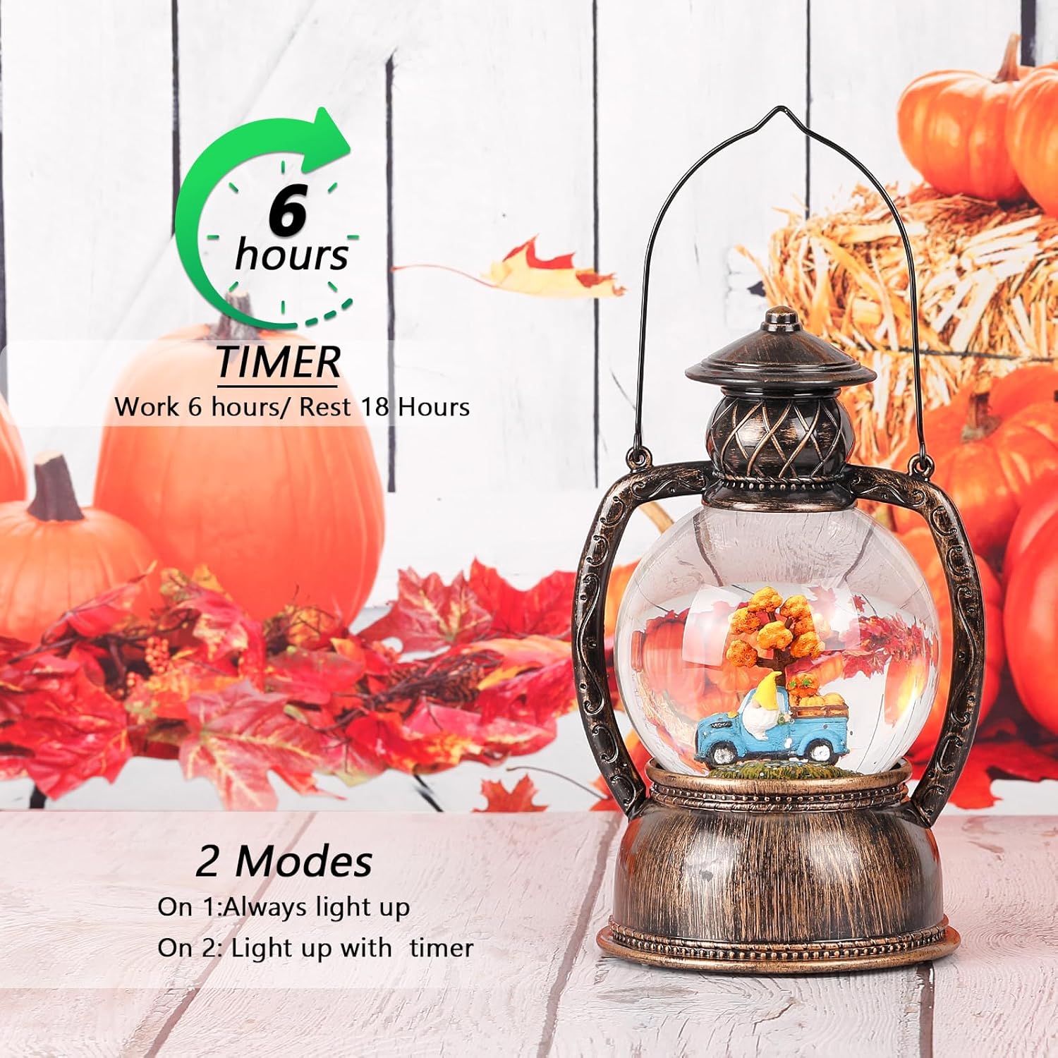Fall Snow Globes Blue Truck Pumpkin and Gnome Scene Snow Globe Lantern
