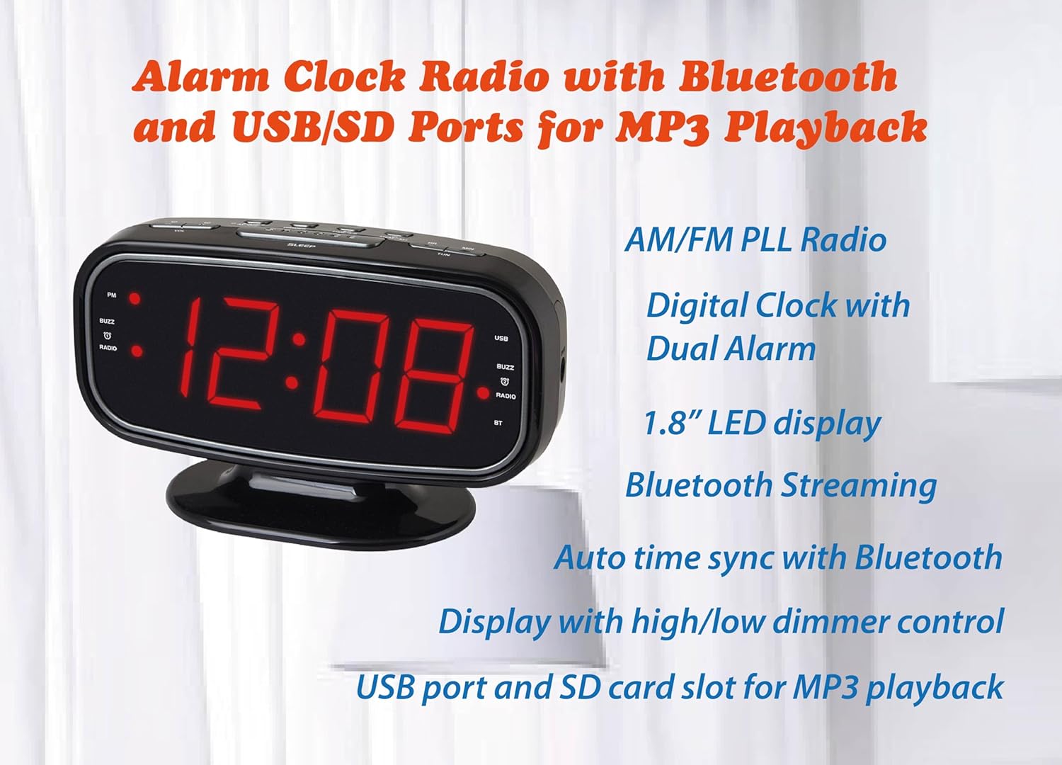 HX-153CR AMFM Radio Alarm Clock with Bluetooth and LED Display