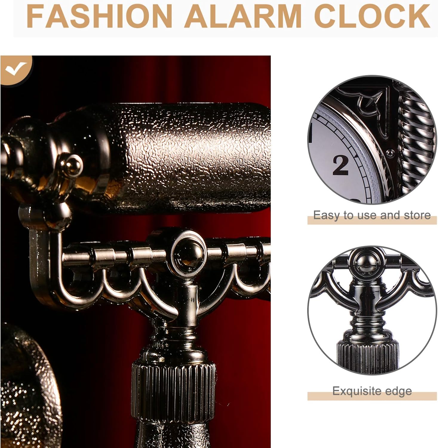Wakauto Retro Telephone Clock Battery Powered Silence Alarm