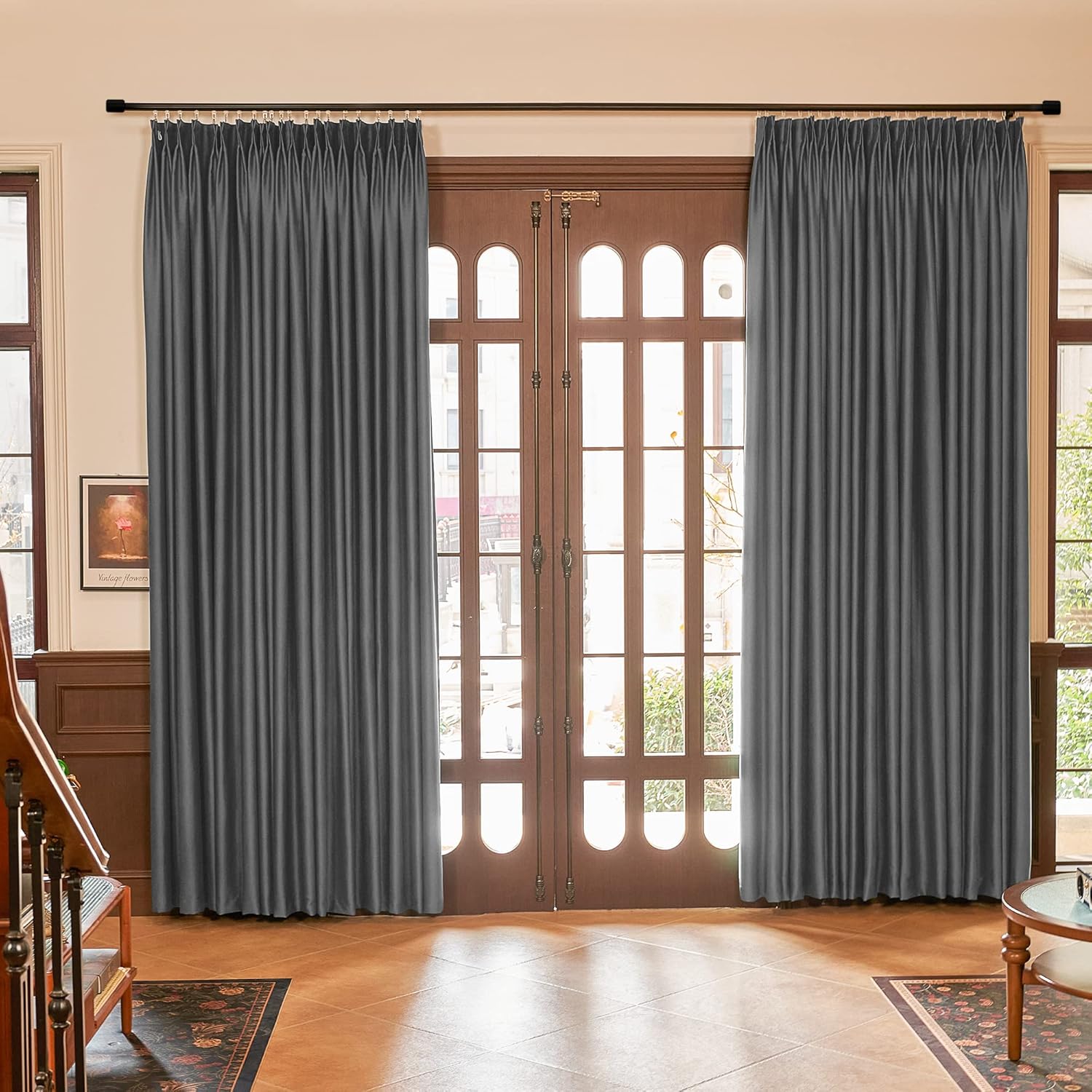 HUTO Grey Pinch Pleat Thermal Curtains 96 Inches Long for Living Room
