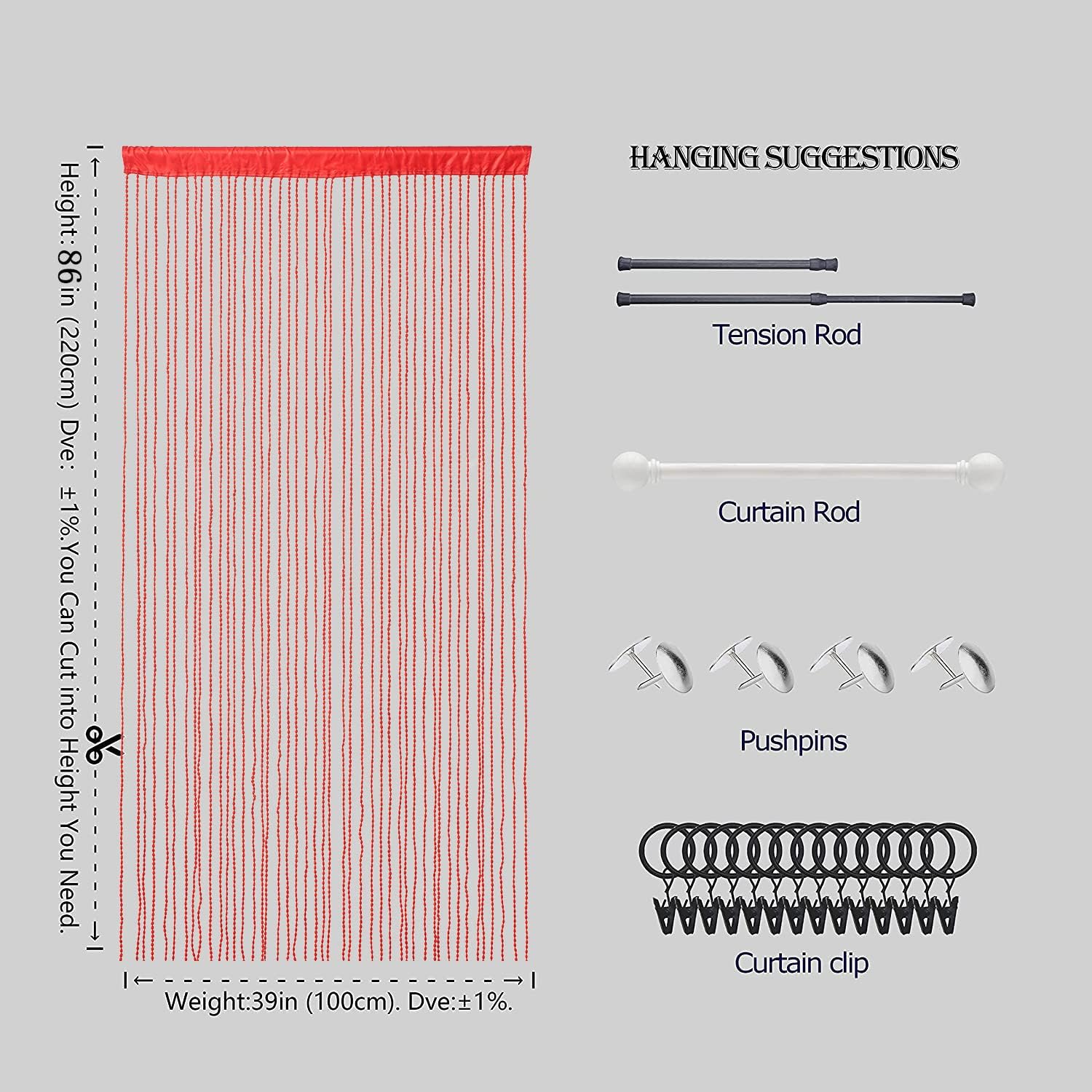Red Spaghetti String Curtain Panel 100x220cm Doorway Privacy Decor