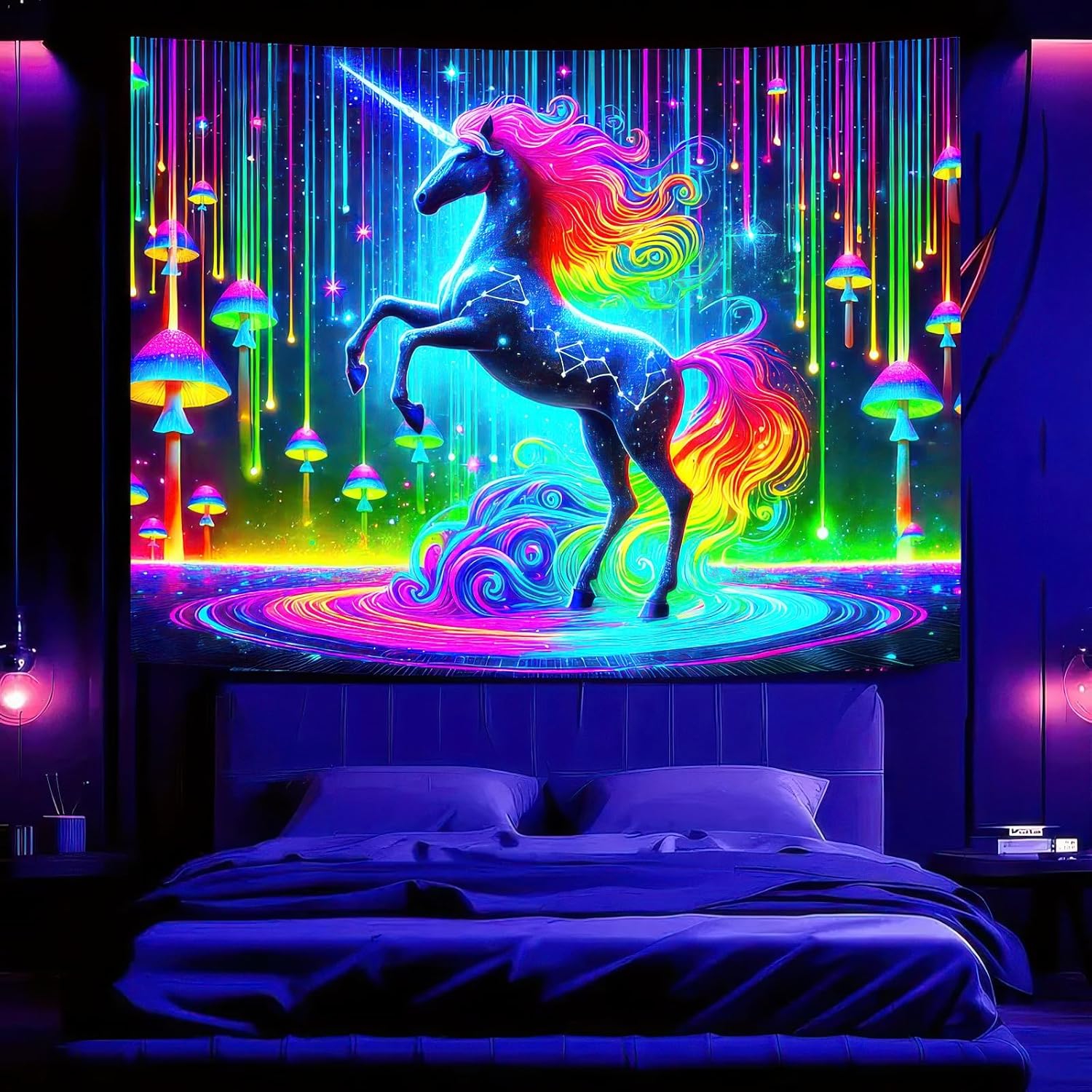 BlissYard UV Reactive Unicorn Wall Tapestry