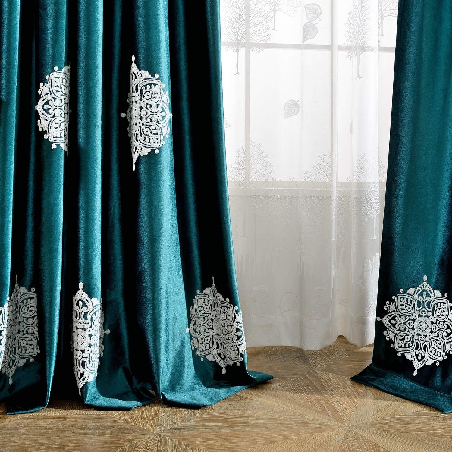VOGOL 2 Piece Flower Embroidered Curtains Set