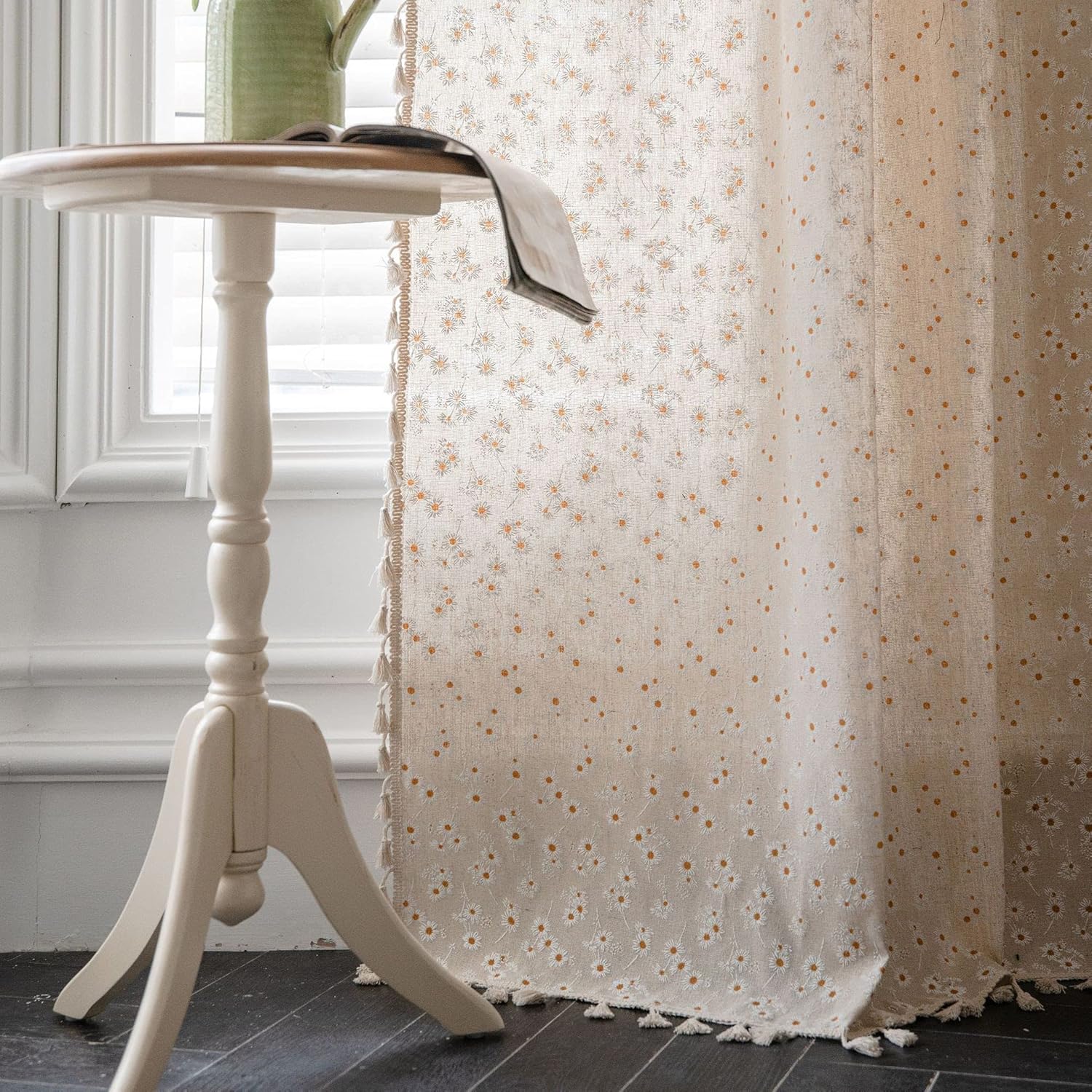 Daisy Boho Curtains for Girls Room Farmhouse Linen Blend Window Drapes