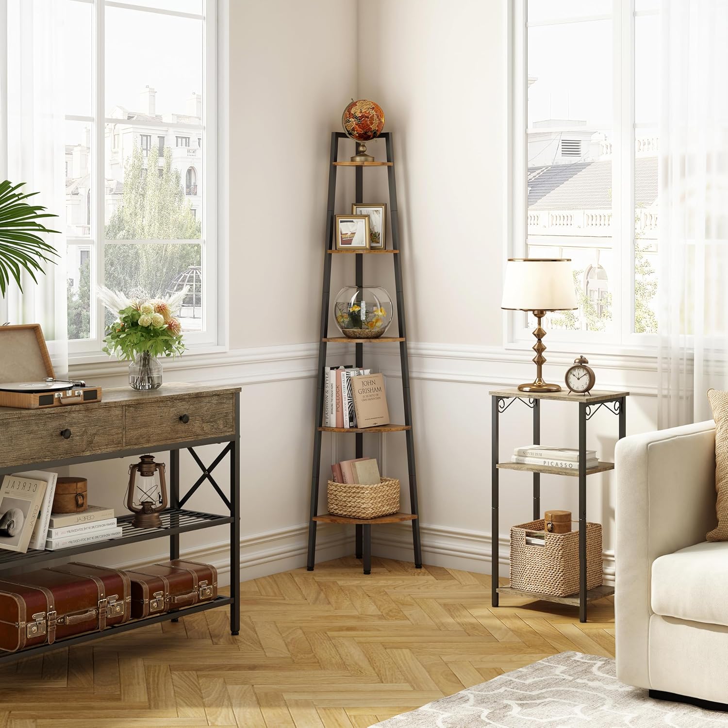 Hoctieon 5-Tier Corner Bookshelf with Rustic Brown Finish