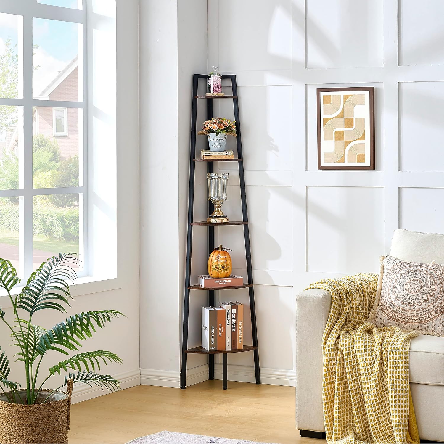 Hoctieon 5-Tier Corner Bookshelf with Rustic Brown Finish