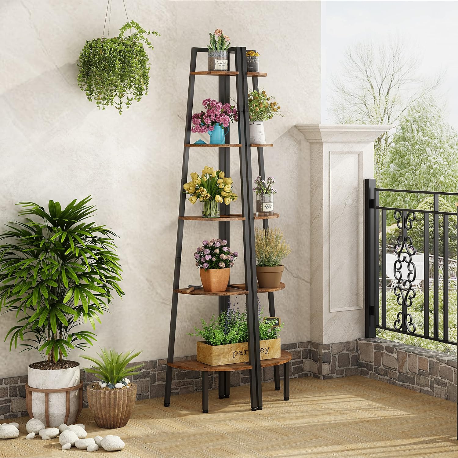Hoctieon 5-Tier Corner Bookshelf with Rustic Brown Finish