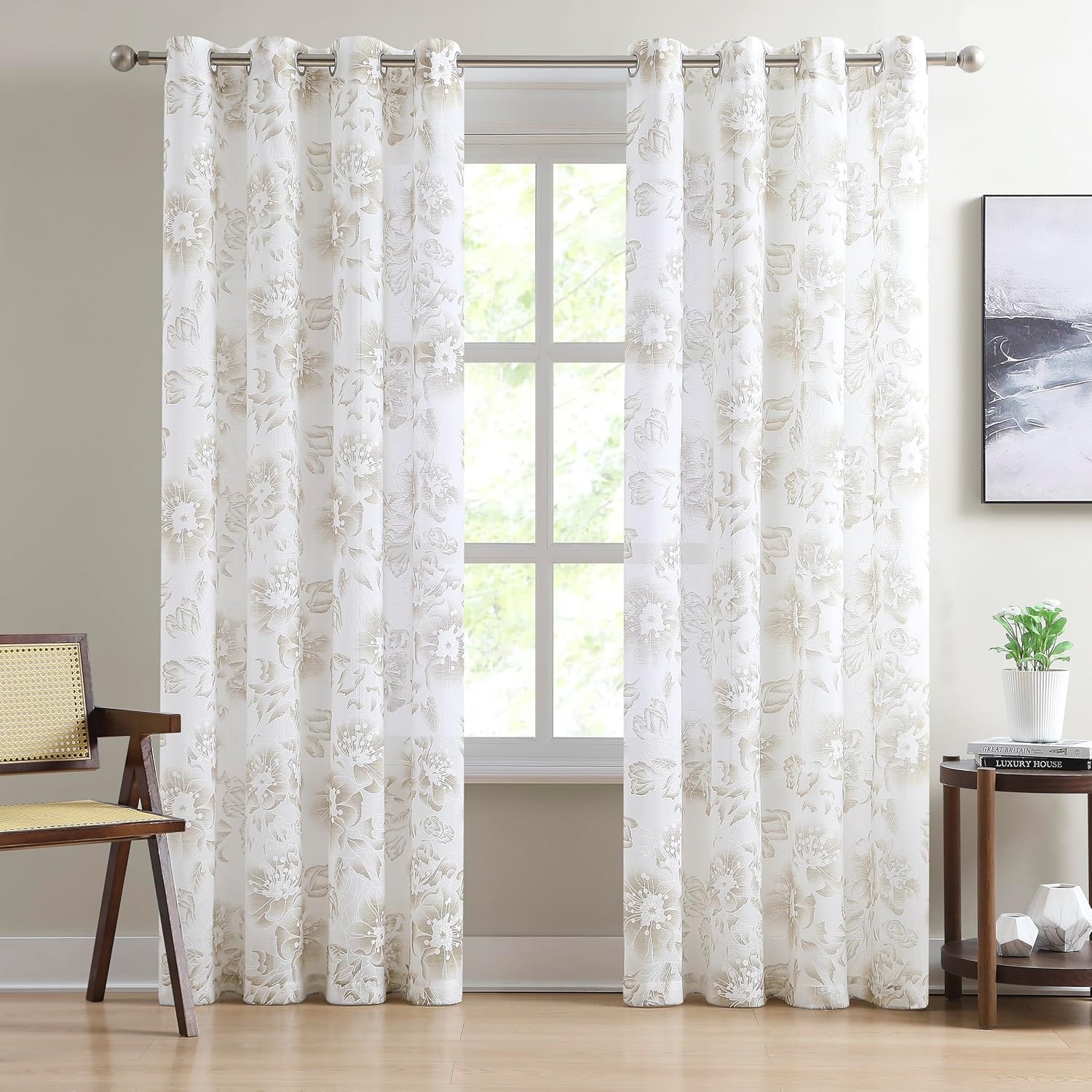 LinenZone White Curtains with Gold Flower Print and Embroidery