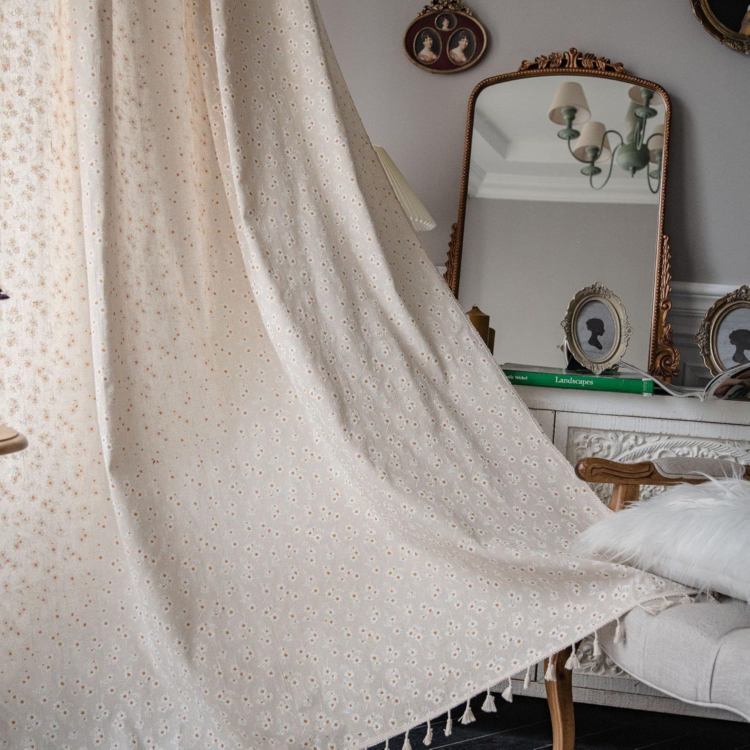 Daisy Boho Curtains for Girls Room Farmhouse Linen Blend Window Drapes