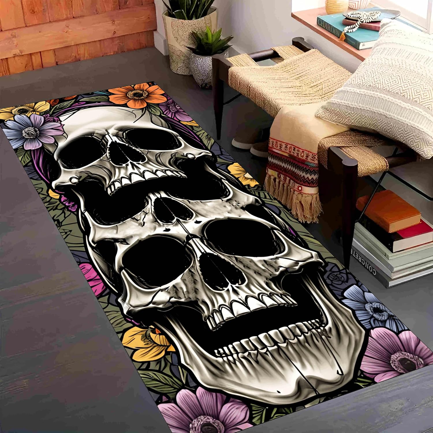Halloween Ghost Runner Rug with Skull Pumpkin Design