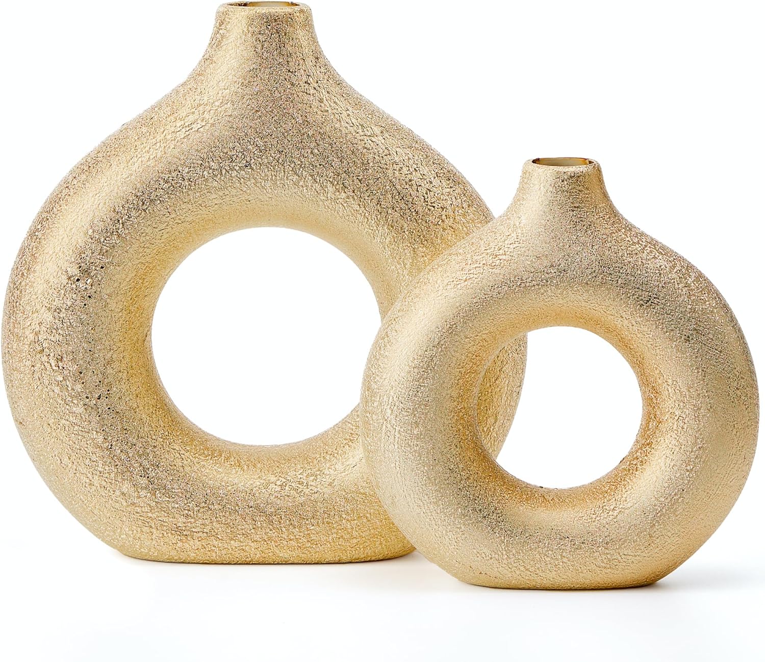 Set of 2 Gold Donut Hollow Ceramic Vases Handmade Modern Minimalist