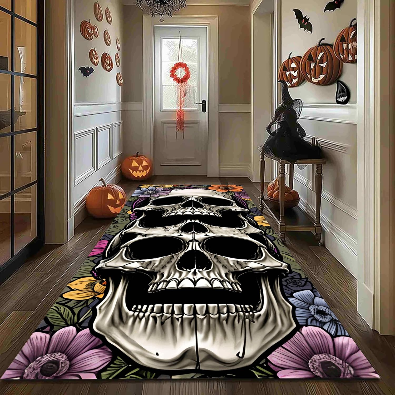 Halloween Ghost Runner Rug with Skull Pumpkin Design